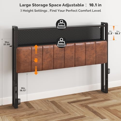 VINGLI King Size PU Leather Upholstered Headboard Bookcase Head Board for Bed with Storage,Charging Stations and LED Light, 2 Tier Shelves and Pegboard, Height Adjustable, Industrial Brown