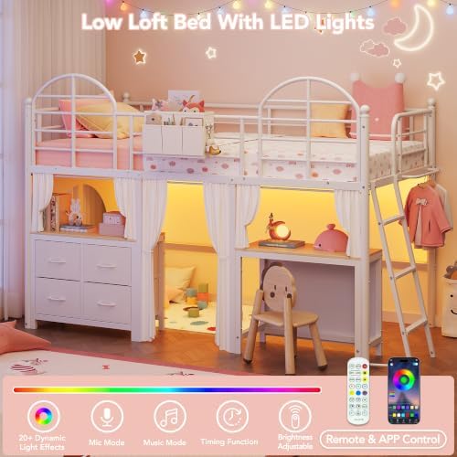 Twin Low Loft Bed with Desk & 4 Storage Drawers, Smart LED Lights, White