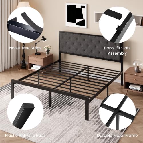 SHA CERLIN King Size Metal Bed Frame with Linen Tufted Headboard, Dark Gray