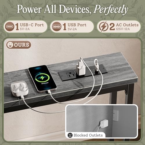 Huuger 118.1 Inch Behind Couch Table with 2 Power Outlets and USB-C Ports, Extra Long Narrow Sofa Table for Sectional Sofa, Skinny Console Table with Anti-Bump Pads, for Living Room, Grey