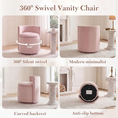 FOXHUNTER Vanity Stool with Storage, 360° Swivel Accent Chair, Velvet Pink