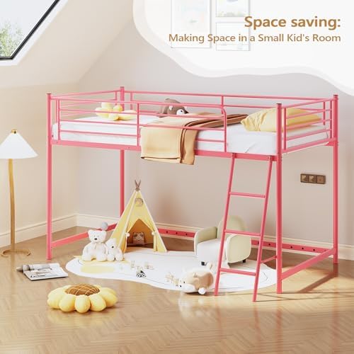 JOYMOR Low Loft Bed with Inclined Ladder, Metal Twin Size Bed Frame with 15” High Guardrail for Boys Girls, Junior, Space Saving, Mattress Not Included (Pink)