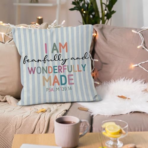 Boho Nursery Christian Throw Pillow Cover 18x18, Religious Bible Verse Inspirational Decorative Pillow Covers for Kids Boys Room Bedroom Playroom, Blue Striped Accent Pillows Cover Pillowcases