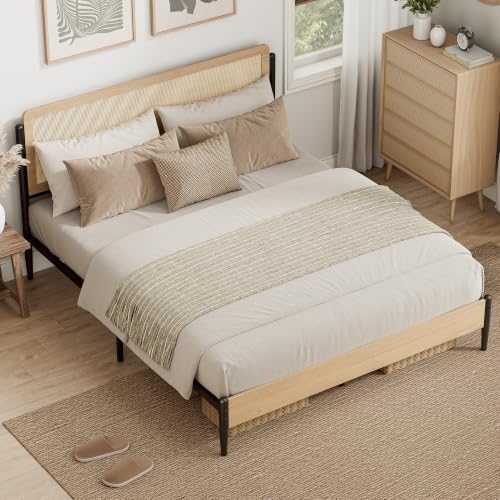 LIKIMIO Natural Rattan Queen Bed Frame with Wooden Headboard