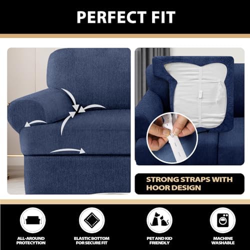 4 Piece T Cushion Sofa Slipcovers Stretch Couch Slip Cover for 3 Cushion Couch Sofa, Machine Washable for Living Room (Navy, 3 Cushions)