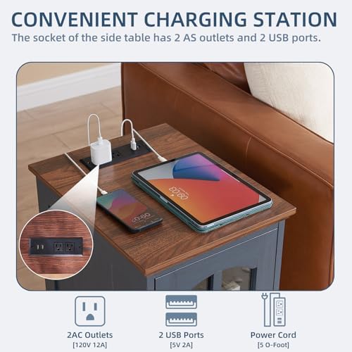 Narrow Side Table Set of 2, Farmhouse Nightstand with Charging Station