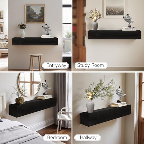 Floating Solid Wood Console Table, 47'' Wall Mounted Narrow Entryway Table with Storage Shelf, Modern Couch Shelves Small Entry Way Tables for Entryway, Front Hall, Hallway (Black, 47.24IN)