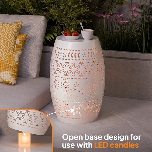 VINGLI Outdoor Iron Side Table, Patio End Table Anti-Rust Metal Round Drum Garden Stool Plant Stand Indoor Iron Accent Table for Patio Deck Porch Living Room (White)
