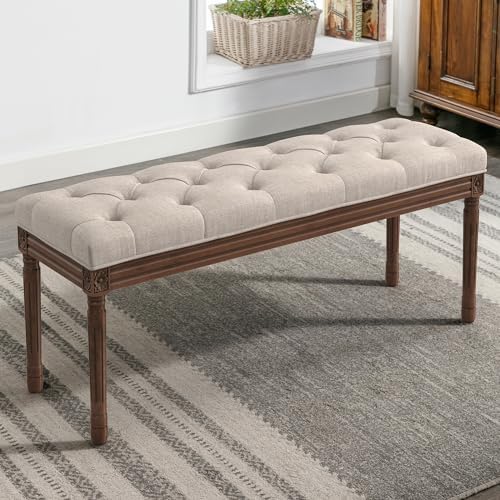 LUE BONA 44" Bedroom Bench, Fabric End of Bed Bench, Upholstered French Tufted Ottoman Bench with Carved Dark Brown Wood Legs for Bedroom End of Bed, Living Room, Linen