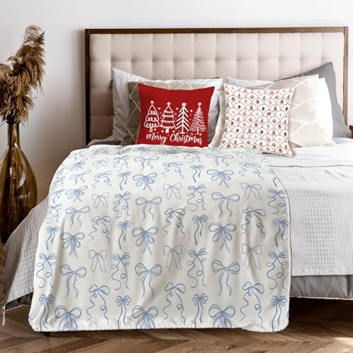 Blue Bow Throw Blanket for Couch, Girly Room Decor Aesthetic, Coquette Blue Ribbon Bow Throw Blanket for Girls Bedroom Dorm Living Room Home Decoration, 50x60 Inches