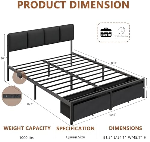Furnulem Queen Bed Frame with Upholstered Headboard and 2 Storage Drawers