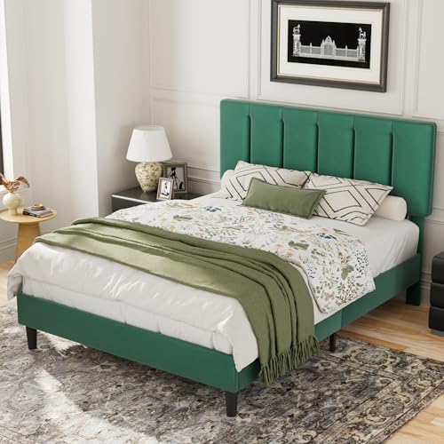VECELO Queen Bed Frames, Upholstered Platform Bedframe, Adjustable Headboard, Wood Slat Support, No Box Spring Needed, Easy Assembly, Dark Green