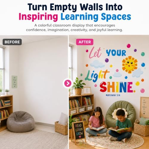 Cinrobiye Inspirational Quotes Wall Decals, Let Your Light Shine Classroom Wall Decor, Colorful Sun & Cloud Wall Stickers for Reading Corner, Playroom, Preschool, Daycare & Elementary Classroom