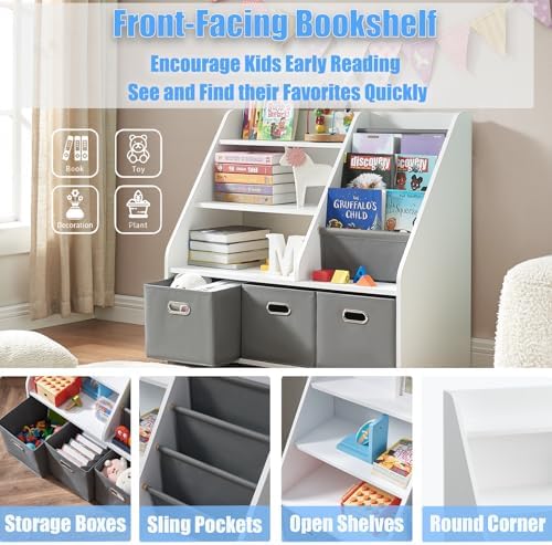 Kids Bookshelf and Toy Storage Drawers & Side Sling Book Rack