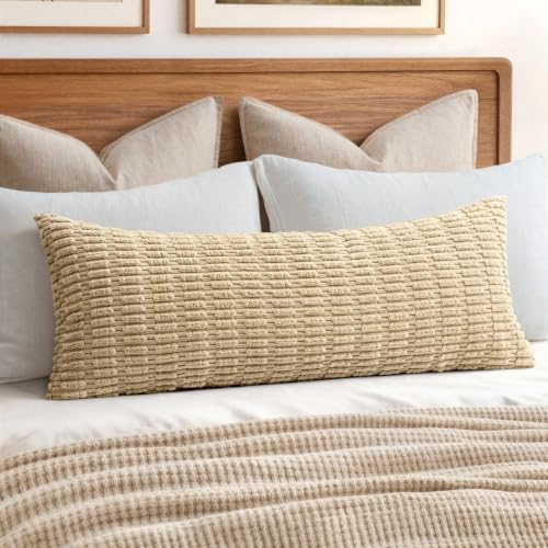 MIULEE Lumbar Corduroy Throw Pillow Cover for Bed 14x36 Tan