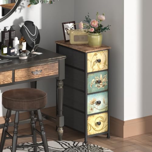 Tohomeor Narrow Storage Dresser Slim Dresser with Retro Flowers Fabric Drawers Vertical Skinny Cabinet for Small Spaces,Bathroom,Bedroom Closet Nightstand,Entryway Organizer (Retro Flower, 4 Drawers)