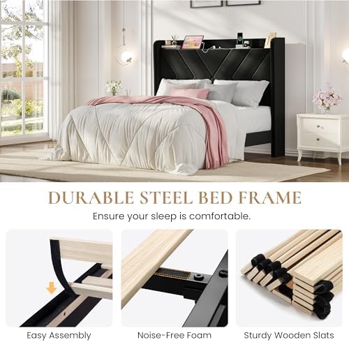 SHA CERLIN Queen Bed Frame, Velvet Upholstered Platform Bed Frame with Wingback Storage Headboard & Charging Station, Geometric Tufted Design, No Box Spring Needed, Easy Assembly, Black