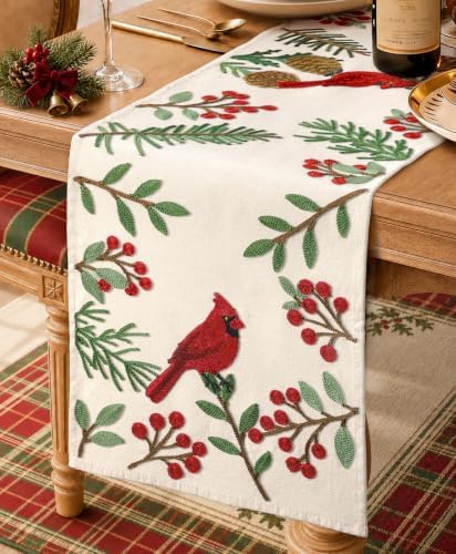 Miss Adola Embroidered Canvas 13"x72" Christmas Table Runner, Cardinal