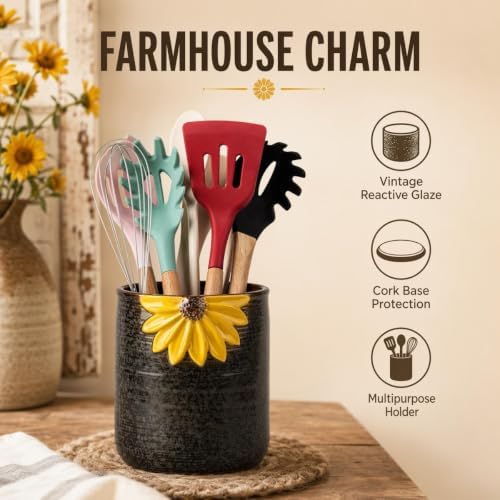 Ceramic Utensil Holder Sunflower Kitchen Utensil Crock Flower Vase Decor