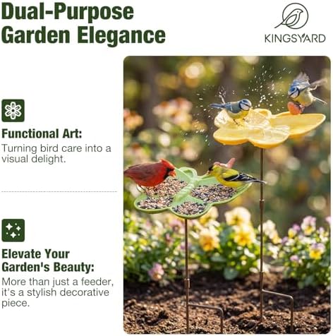 Kinsgyard 2 Pack Free Standing Tray Bird Feeders with Adjustable Pole, Wild Bird Bath for Outdoor Garden Yard Decor, Large Seed Capacity, Easy to Clean and Refill, Yellow & Green