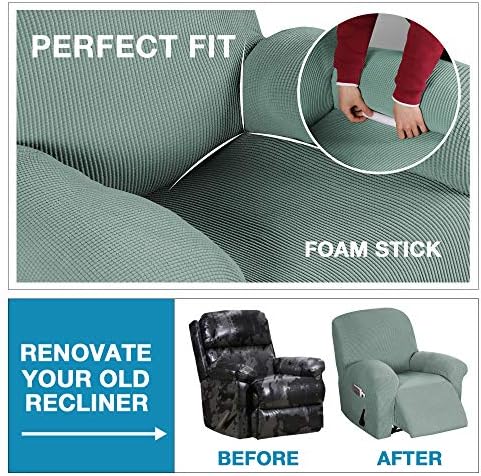 Flamingo P Stretch Recliner Chair Cover Recliner Cover for Electric/Manual Style | Furniture Cover for Reclining with Side Pocket, Soft Checked Jacquard Fabric Form Fitted Standard/Oversized - Sage