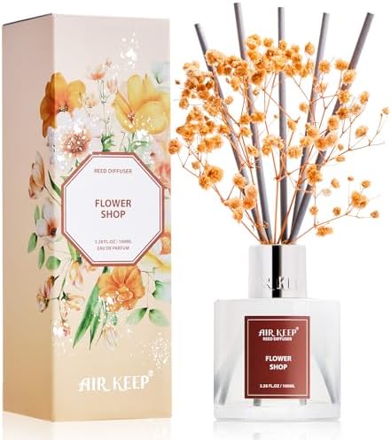 Airkeep Reed Diffuser Set,3.38 fl oz (100 ml) - Flower Shop Oil Diffusers with 8 Reed Sticks, Home Fragrance Reed Diffuser for Bathroom Shelf Decor