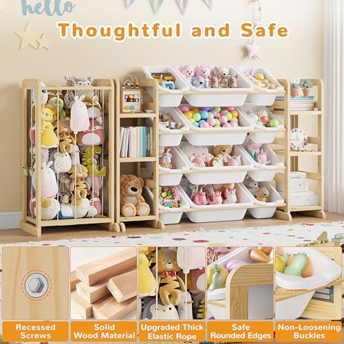 Toy Storage Organizer 12 Bins, 6 Shelves and Stuffed Animal Storage Tower, 3-in-1 Toy Organizers and Storage, Kids Storage Organizer for Playroom, Bedroom, Nursery (Wood-Plushies Storage)