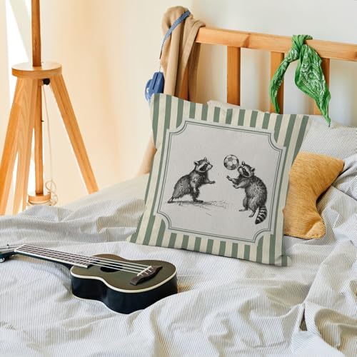 Funny Soccer Raccoon Sports Throw Pillow Cover 18x18, Sage Green Striped Raccoon Decorative Pillow Covers for Kids Boys Room Bedroom Playroom, Sports Nursery Decor Accent Pillows Cover Pillowcases