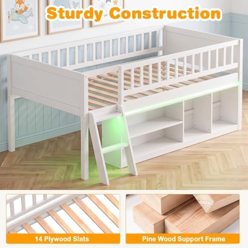 Giantex Low Loft Bed Twin Size with LED Lights, 2-Tier Storage Bookcase