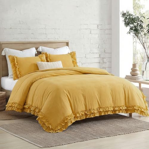 Bedorm Ginger Yellow Bedding Set King Ruffle Duvet Cover Super Soft Cozy Washed Microfiber Bedding Shabby Chic Coquette Decor Farmhouse Boho Duvet Cover Set