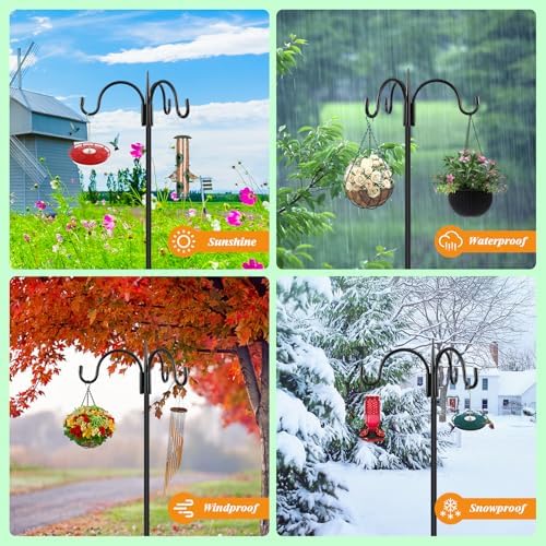 FEED GARDEN Heavy Duty Shepherds Hook 76" Triple Hooks - Metal 5-Prong Base, Adjustable (44/60/76") - 17lb Capacity Bird Feeder Pole for Hanging Plants, Solar Lanterns, Wind Chimes, 1 Pack