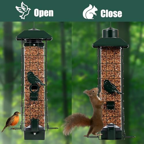 Squirrel Proof Bird Feeders for Outdoors, Metal Wild Bird Feeder for Outside Hanging, 4 Ports Perches, 3LB Large Capacity (Green)