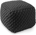 Casafield Square Pouf Ottoman, Black - 18.5" W x 18.5" D x 14.5" H Cotton Knit Foot Stool - Boho Floor Pouffe for Living Room, Bedroom, Home Office