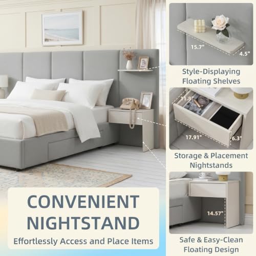King Size Bed Frame with Storage & Built-in Nightstands & Drawers, Gray