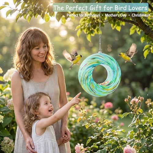 Yinns Glass Bird Feeder Outside, Hanging Solar Birdfeeder for Garden Decor