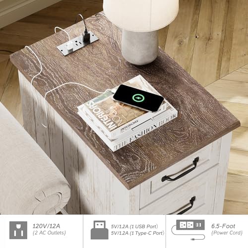 WAMPAT Narrow End Table with Charging Station, Wood Nightstand with Storage