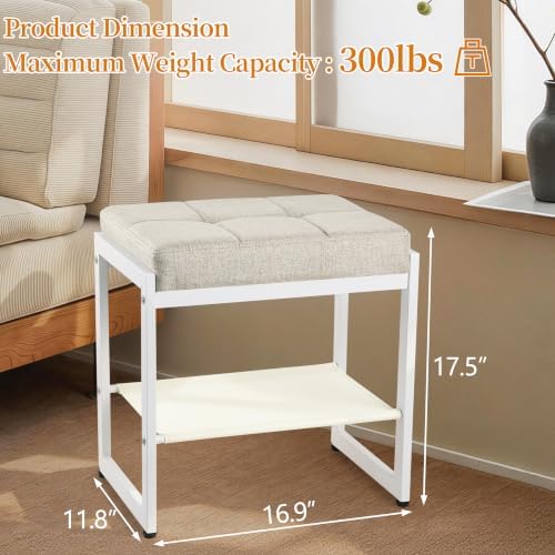Vanity Stool, Vanity Chair Stools with a Lower Storage Shelf, Square Linen Upholstered Ottoman Bench for Bedroom, Living Room, Small Modern Metal Legs Makeup Chairs, Linen Beige&White