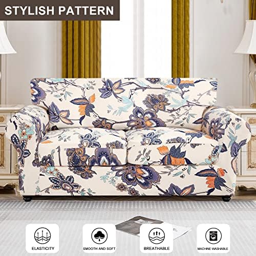 SearchI Stretch Sofa Cover Printed Couch Cover, Floral Pattern 3 Pieces Loveseat Slipcover with 2 Separate Cushion Cover, Washable Furniture Protector for Living Room(Loveseat, Flower Pattern)