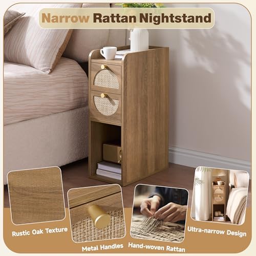 Narrow Nightstand Set of 2 (Rattan & Wood) - Small Bedside Table with 2 Drawers, Open Shelf, Mid Century Modern End Table - for Bedroom, Living Room & Small Spaces, Rustic Oak Rattan