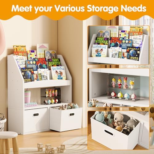 Homeiju Kids Bookshelf & Toy Storage Organizer with 2 Fabric Bins, 3 Tier Children Book Shelf, Toddler Bookcase for Toddler, Kids Room, Toys, Nursery, Playroom, White