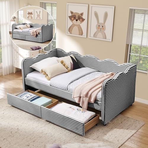 Twin Size Daybed with Storage Drawers, Linen Gingham Daybed with USB Ports & Wave Shaped, Upholstered Day Bed Frame, Modern Sofa Bed for Living Room/Bedroom/Guest Room, No Box Spring Needed, Black