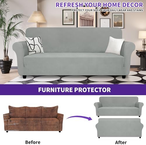 ZNSAYOTX Oversized Super Stretch Couch Cover (92"-115"), New Striped Sofa Covers Comfortable & Durable, Dog Cat Pets Friendly Extra Large Spandex Sofa Slipcovers (Light Grey, XL Sofa)