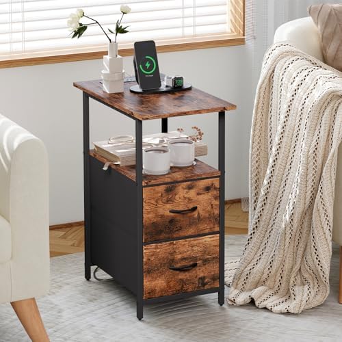Somdot End Table Set of 2 with Charging Station, 2 Drawers, Slim Side Table