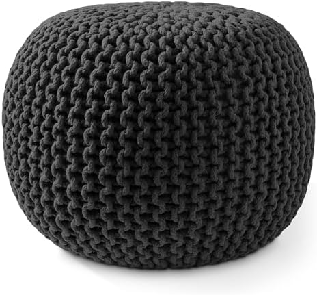 Casafield Round Pouf Ottoman, Black - 20" Diameter x 14.5" High Cotton Knit Foot Stool - Boho Floor Pouffe for Living Room, Bedroom, Home Office