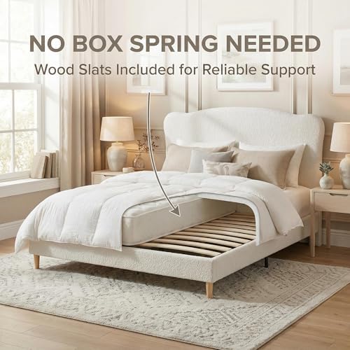 Garvee Bouclé Queen Size Bed Frame with Upholstered Headboard, White