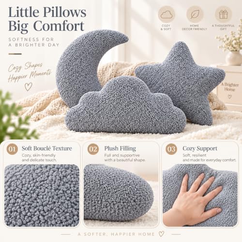 3 Pack Cloud Moon Star Shaped Throw Pillows 16 Inch Gray Plush Pillow Set
