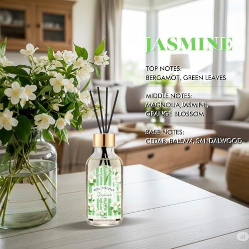 Reed Diffuser of 3 Pack, Linen Eucalyptus Jasmine Oil Diffuser Set with 15 Sticks, Bathroom Air Freshener, Aromatherapy Reed Diffusers for Home, Office, 1.7 Fl. Oz Each, Total 5.1 Fl. Oz