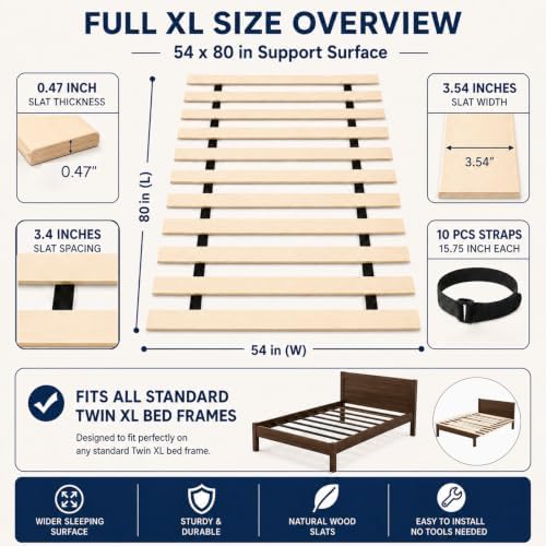 Twin XL to Full XL Bed Frame Converter with 10 Straps, 54 x 80 Inch Foldable Wood Bunkie Board, Heavy Duty Wooden Bed Slats Extension for Mattress Support, Dorm Bed Upgrade & Extra Sleeping Space
