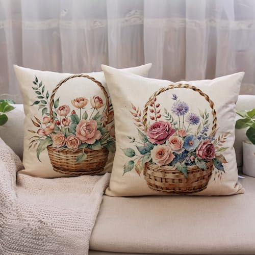 7COLORROOM 2Pack Pink Flower Pillow Covers Outdoor Garden Decoration Cushion Covers Farmhouse Rustic Colorful Spring Flower Home Décor Pillowcases 18x18 inch for Patio Sofa Bed(Pink/Blue,)