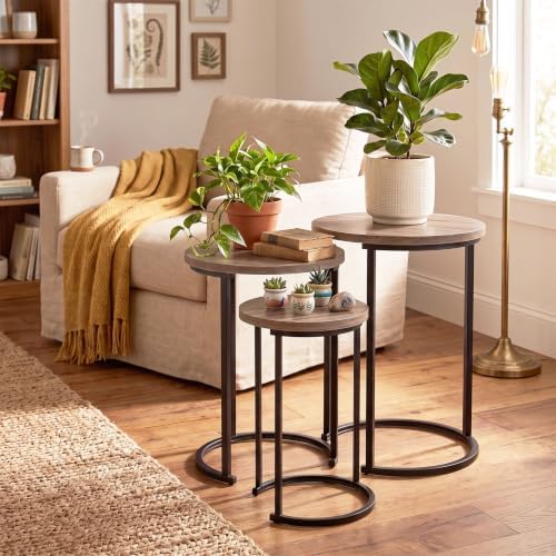 Lavish Home Round Nesting Tables Set of 3, Woodgrain-Look Top, Gray-Brown